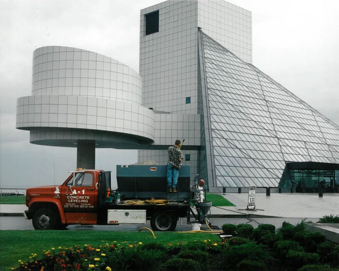 Historical photo of A-1 Concrete Leveling truck outside of Rock and Roll Hall of Fame in Cleveland, Ohio