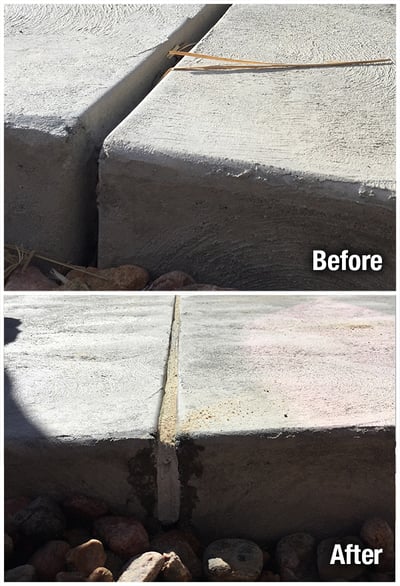 Before and after photo collage of a concrete expansion joint caulked