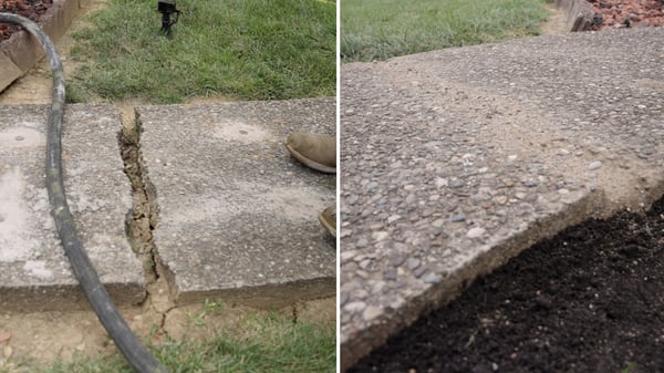 Before and after photo showing a large concrete crack and its repair between two concrete sidewalk slabs