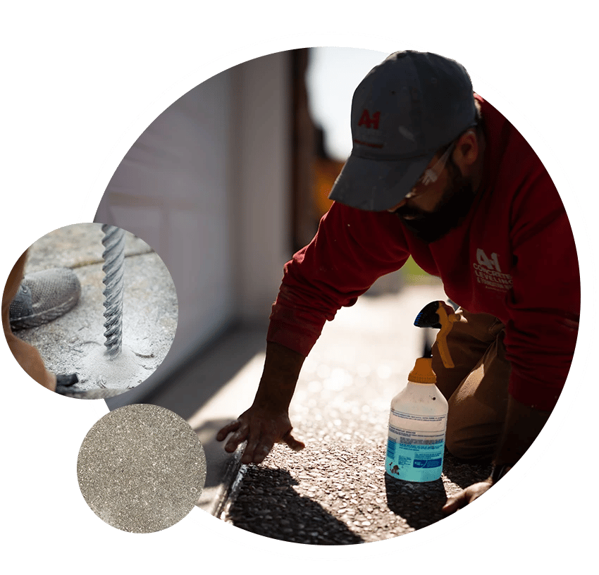 Man smoothing concrete caulk in crack between driveway and garage