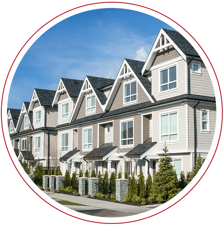 Row of gray and white town homes